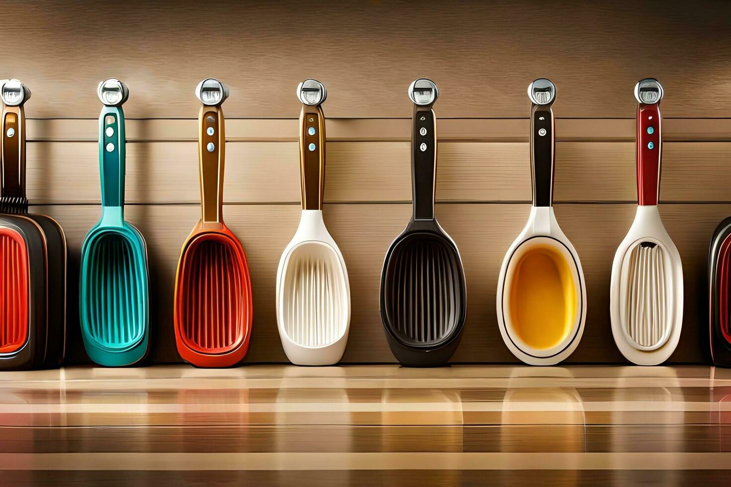 a row of colorful utensils lined up on a wooden shelf. AI-Generated photo