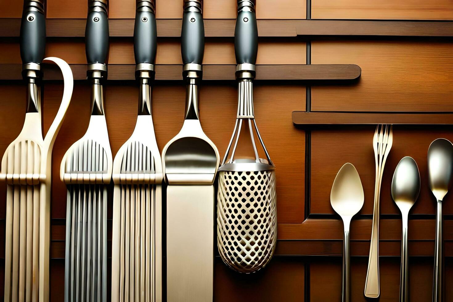 a set of utensils on a shelf. AI-Generated photo