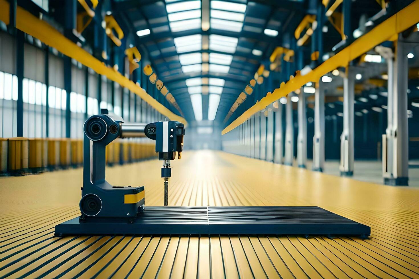 a robot is sitting on a table in a factory. AI-Generated photo
