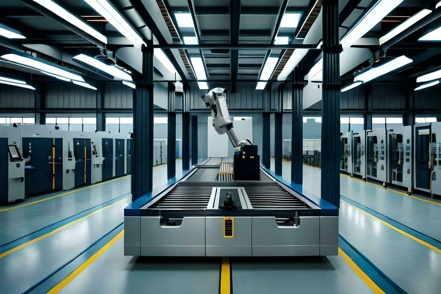 a large warehouse with a conveyor belt and a robot. AI-Generated photo