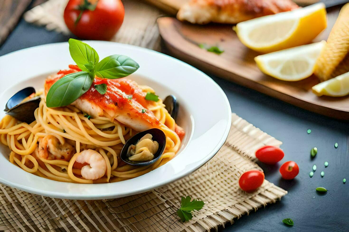 spaghetti with mussels and clams in tomato sauce. AIGenerated 33629372
