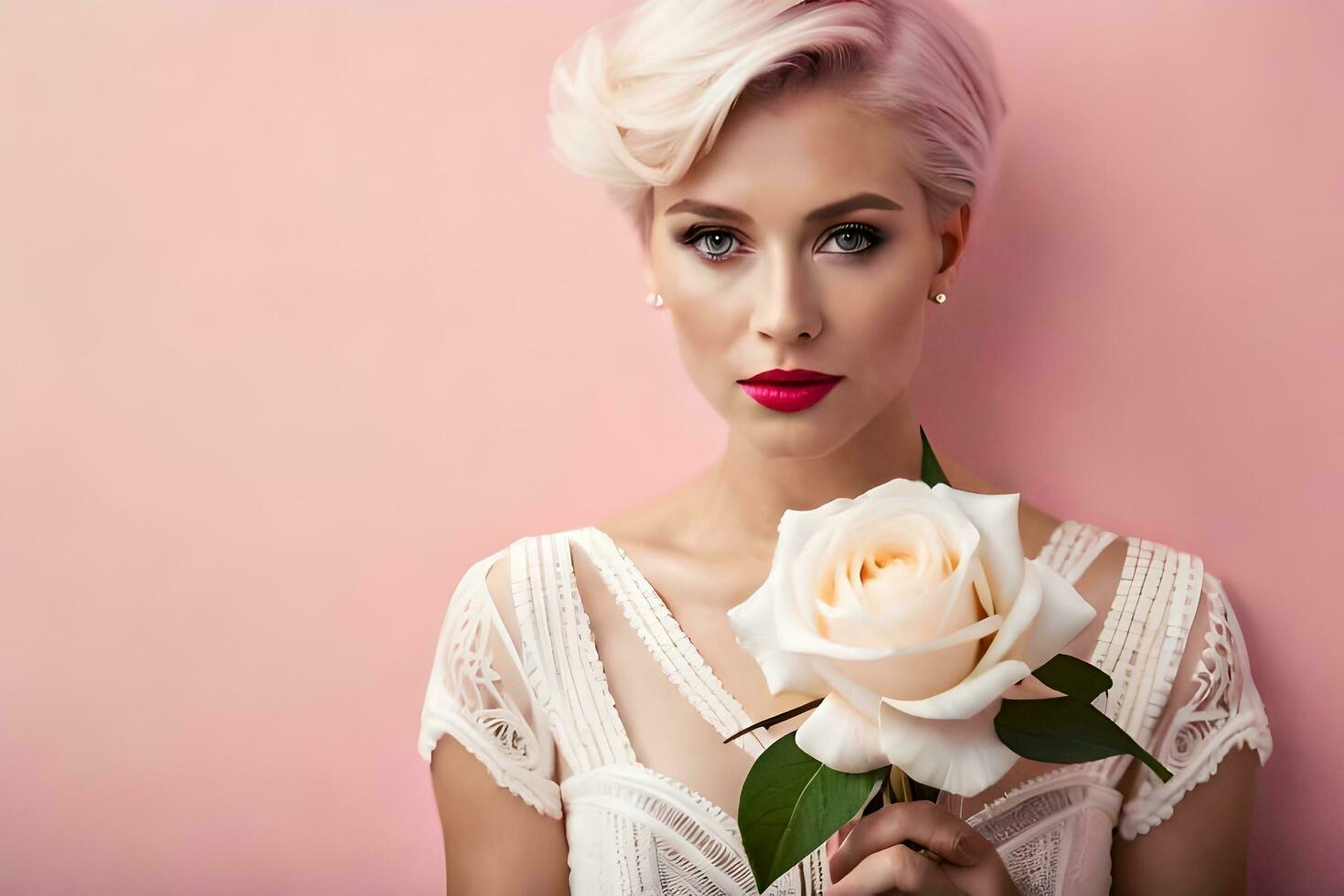 un mujer con rosado pelo y blanco Rosa. generado por ai foto