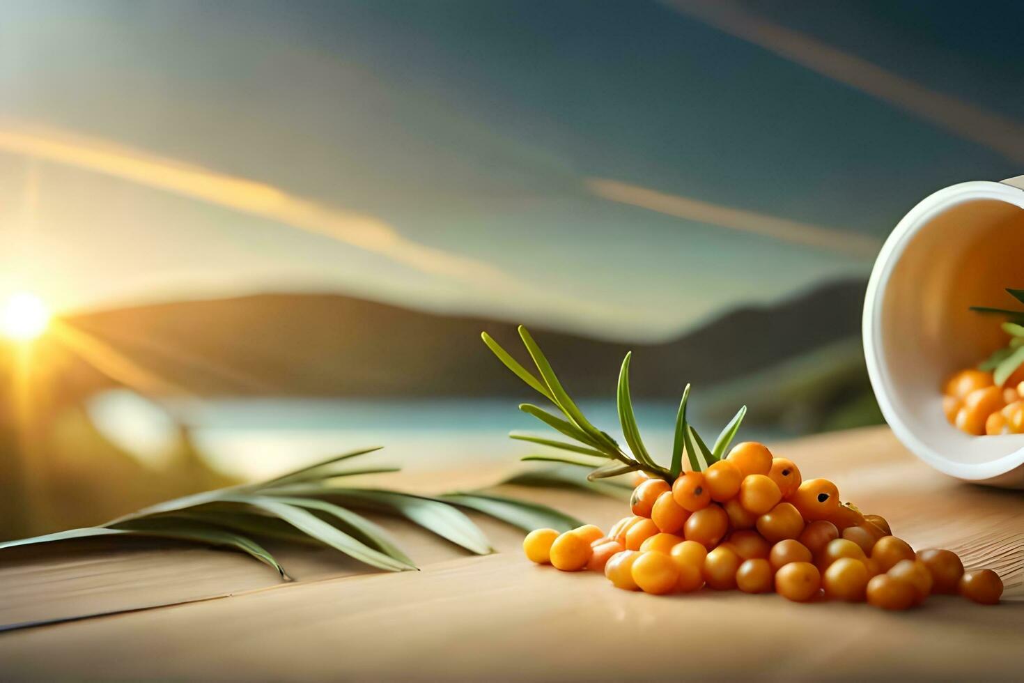 sea buckthorn berries in a cup on a wooden table with a sunset in the background. AI-Generated photo