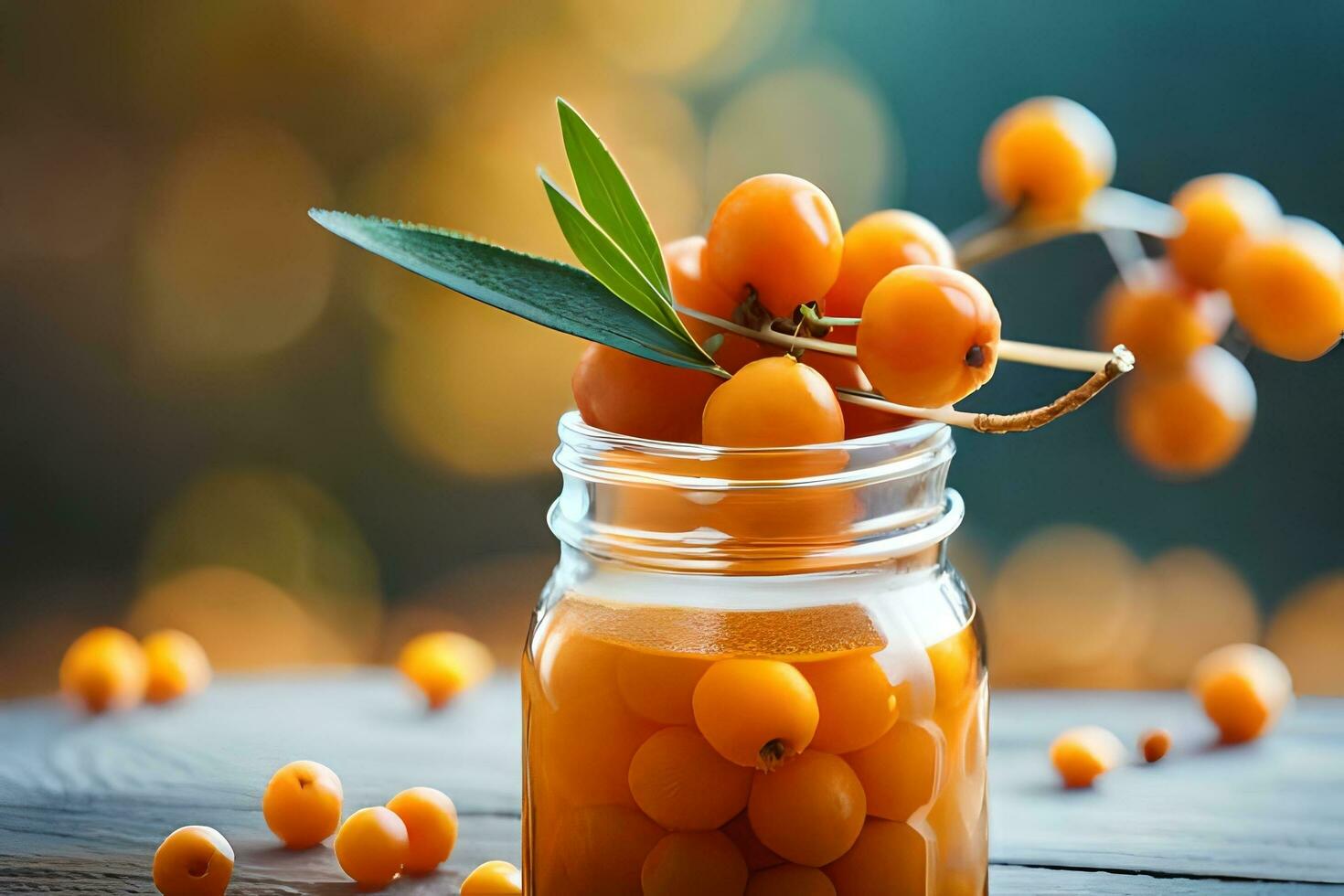 sea buckthorn berries in a jar on a wooden table. AI-Generated photo