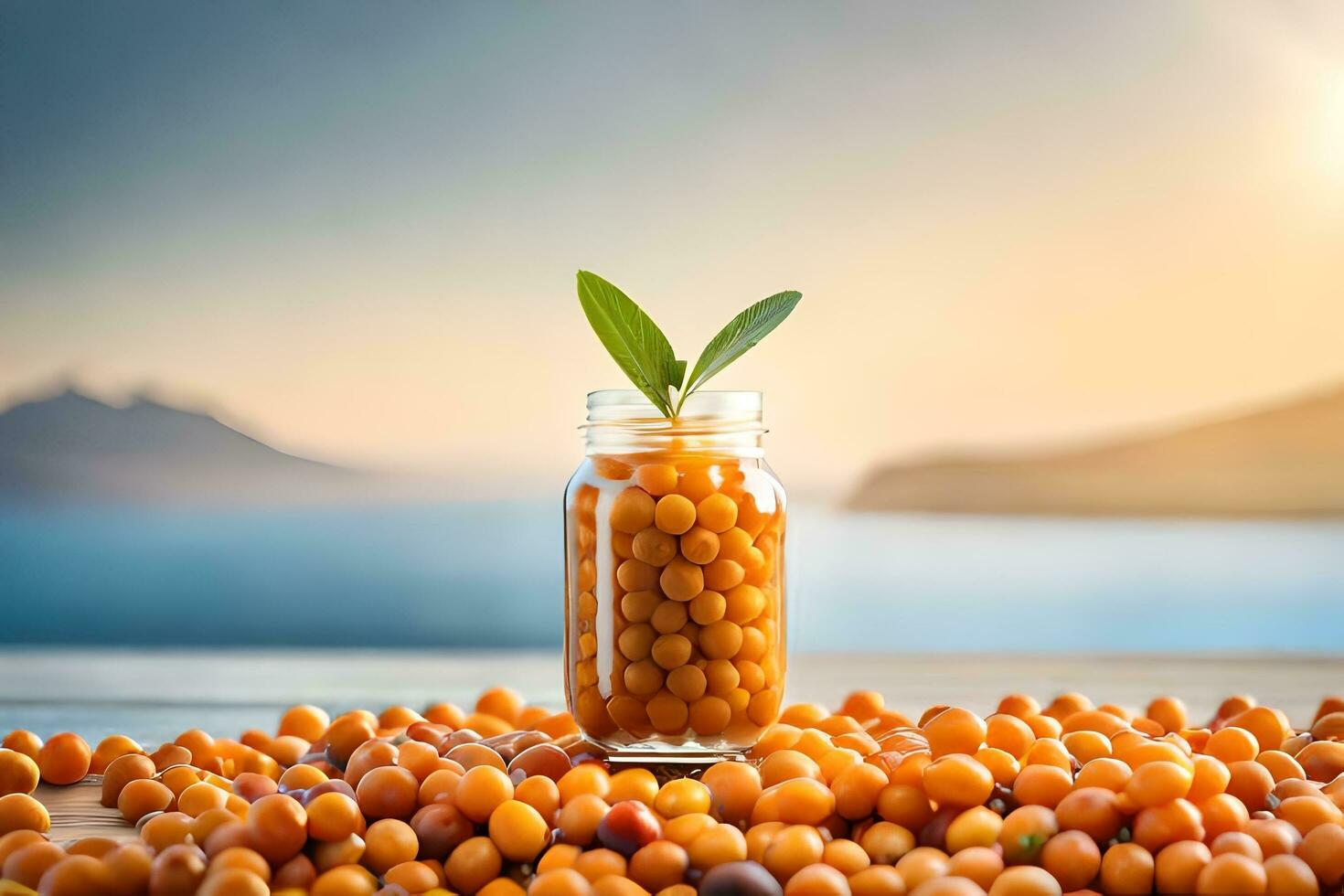 sea buckthorn berries in a jar on a wooden table with sea in background. AI-Generated photo