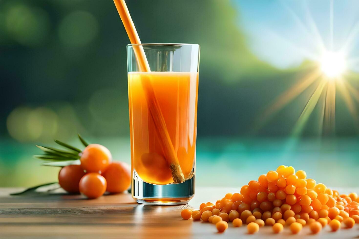 a glass of orange juice with a straw and some berries. AI-Generated photo