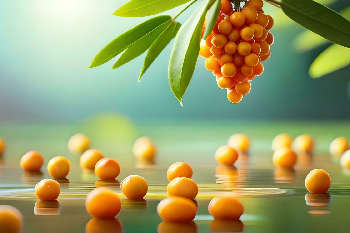 sea buckthorn berries on a branch in water. AI-Generated photo