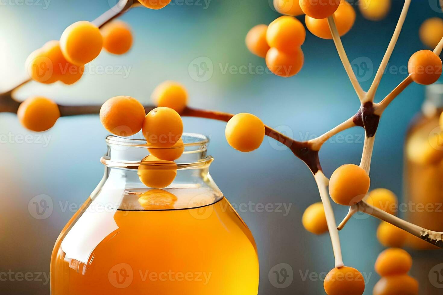 a bottle of orange juice with some berries on the tree. AI-Generated photo