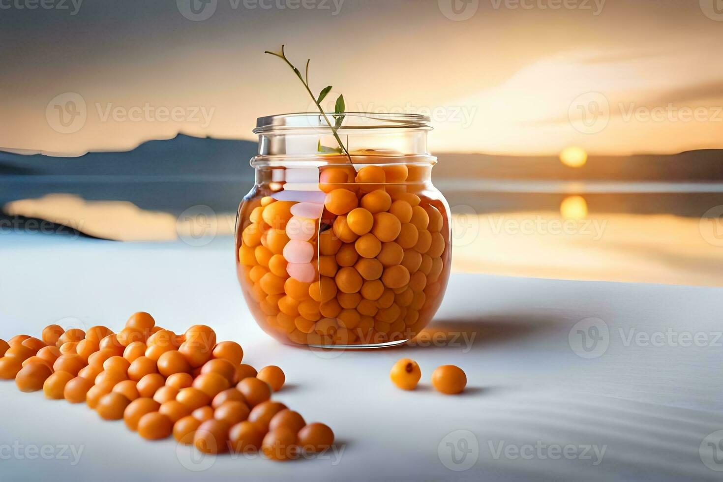 orange sea cucumbers in a jar on a table. AI-Generated photo