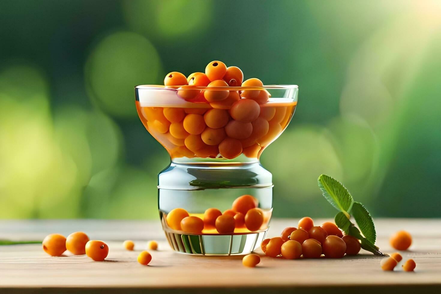 sea buckthorn berries in a glass on a table. AI-Generated photo