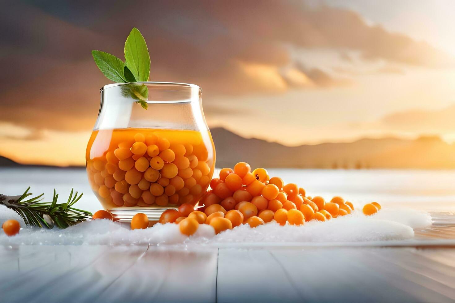 orange juice in a glass with berries on the table. AI-Generated photo
