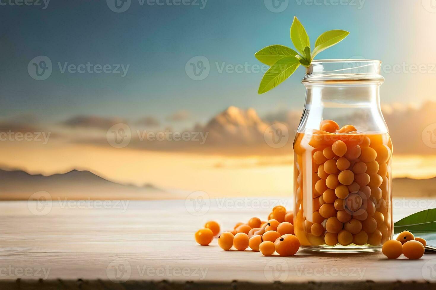 sea buckthorn berries in a glass bottle on a wooden table. AI-Generated photo