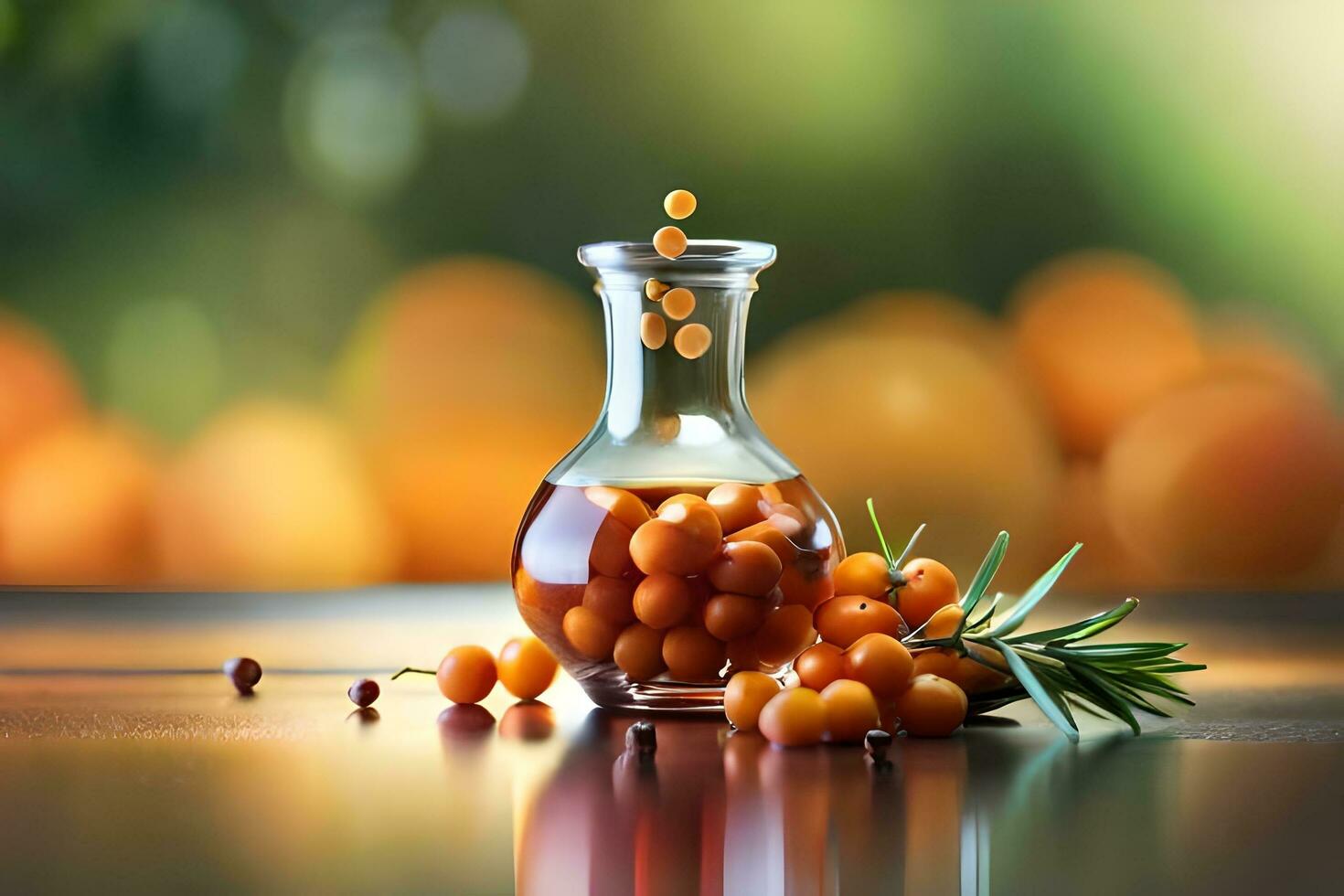 sea buckthorn oil in a glass bottle on a table with blurred background. AI-Generated photo