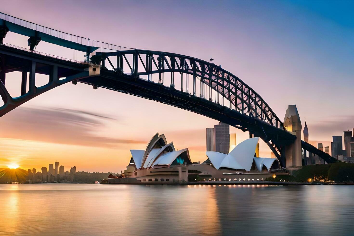sydney harbour bridge and opera house at sunset. AI-Generated photo
