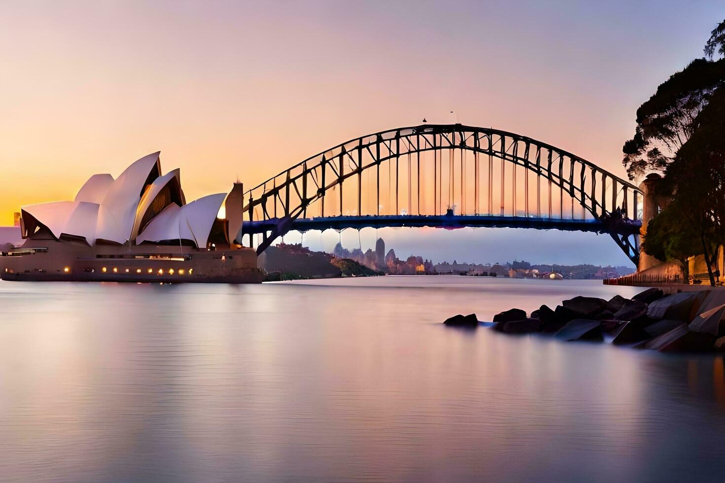 el Sydney ópera casa y puente a puesta de sol. generado por ai foto