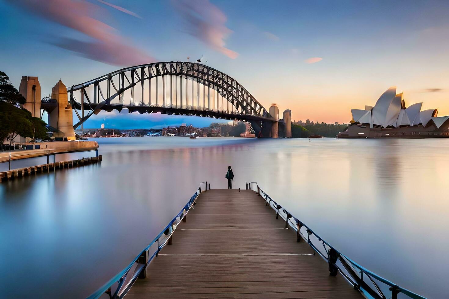 a man stands on a dock looking at the sydney harbour bridge. AI-Generated photo
