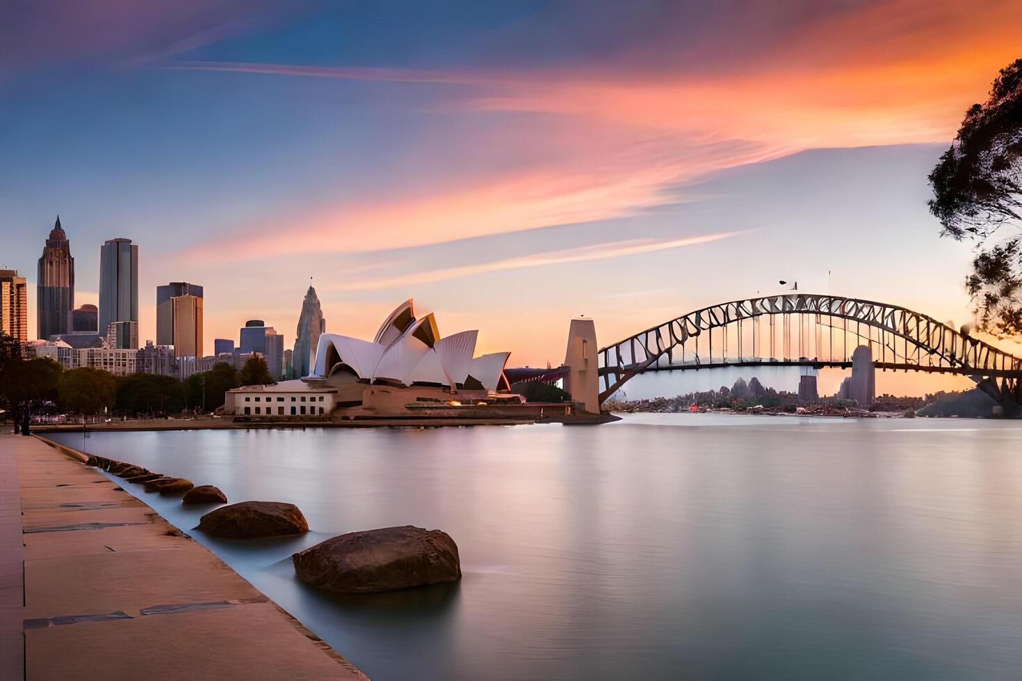 the sydney skyline at sunset with the opera house in the foreground. AI-Generated photo