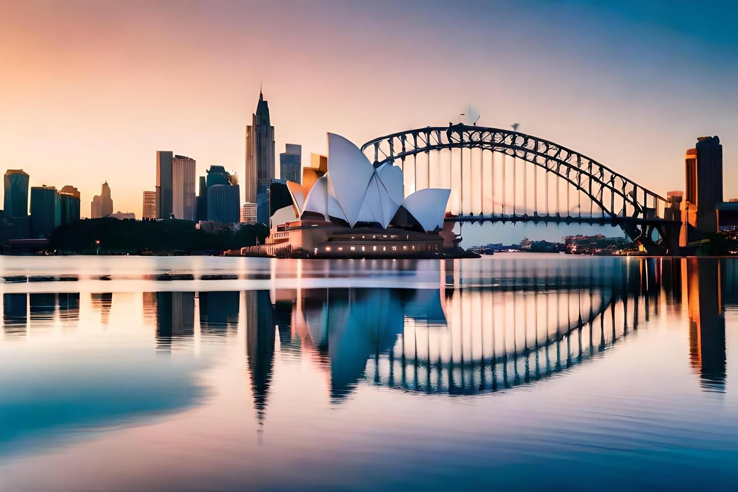 sydney opera house and sydney bridge at sunset. AI-Generated photo