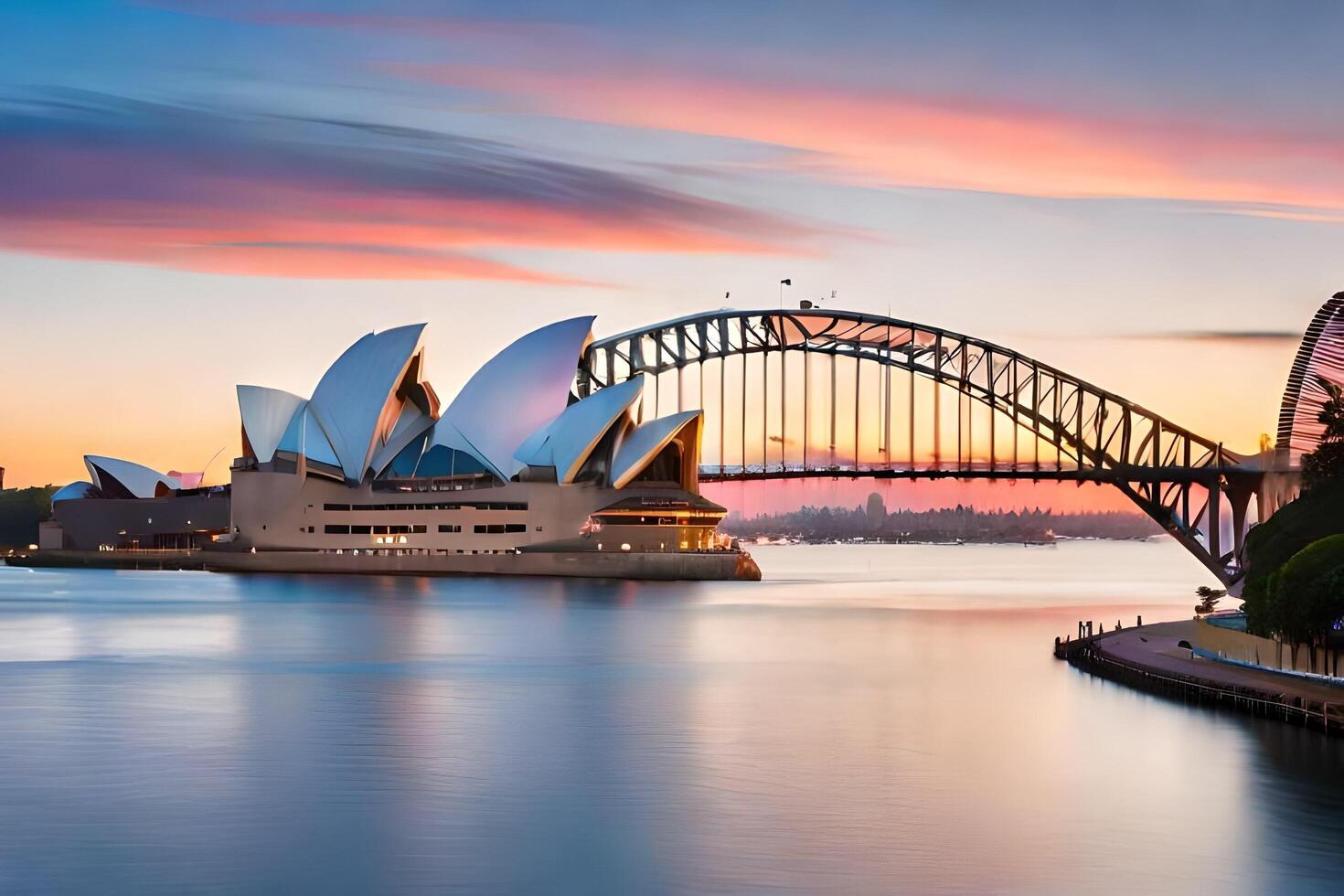 the sydney opera house and bridge at sunset. AI-Generated photo