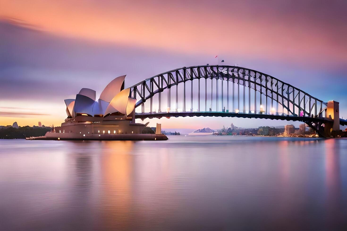 the sydney opera house and the bridge at sunset. AI-Generated photo