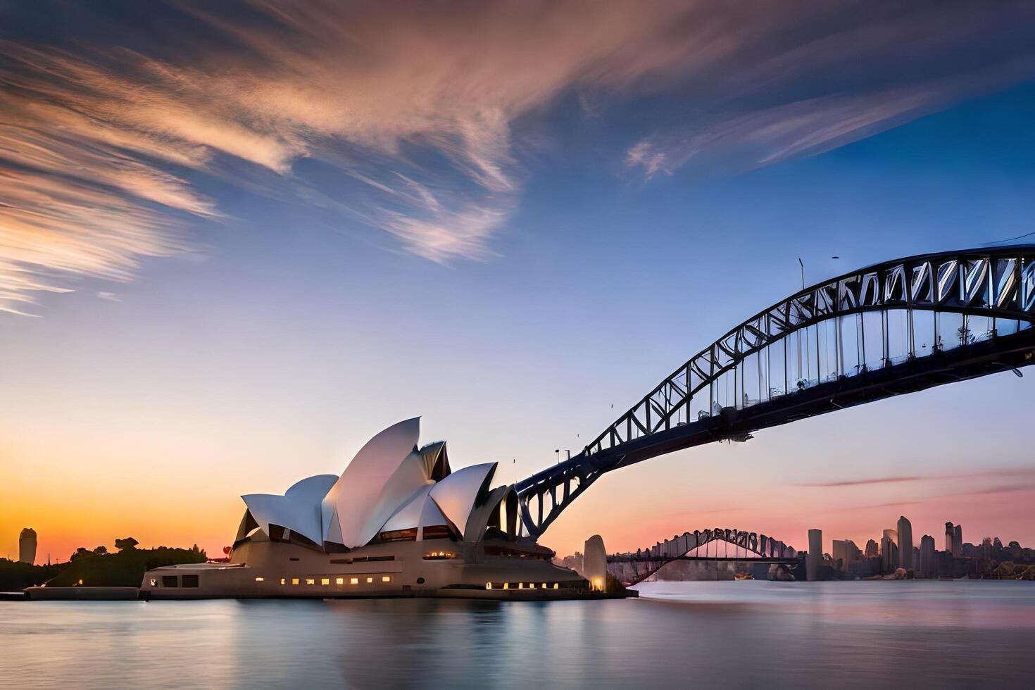 the sydney opera house and bridge at sunset. AI-Generated photo