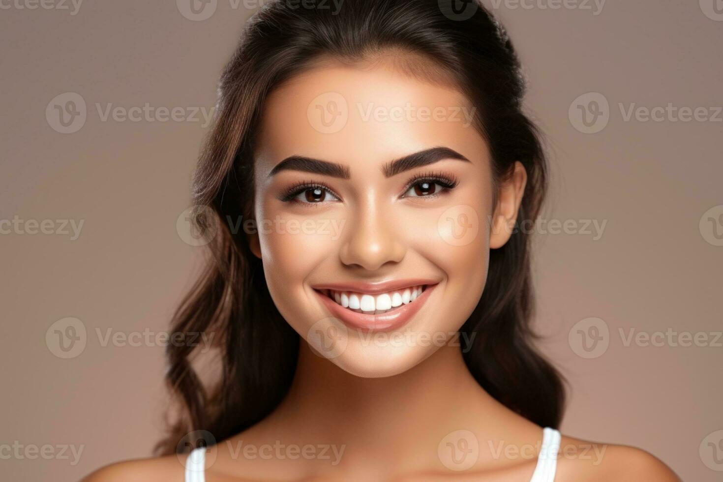 Portrait beautiful model woman with white teeth smile, Concept of advertising dentist and facial care. Generative AI photo