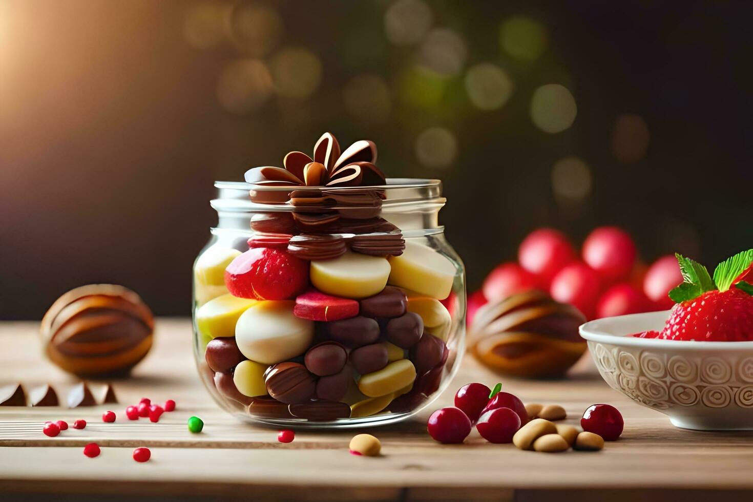 a jar filled with chocolate and other sweets. AI-Generated photo