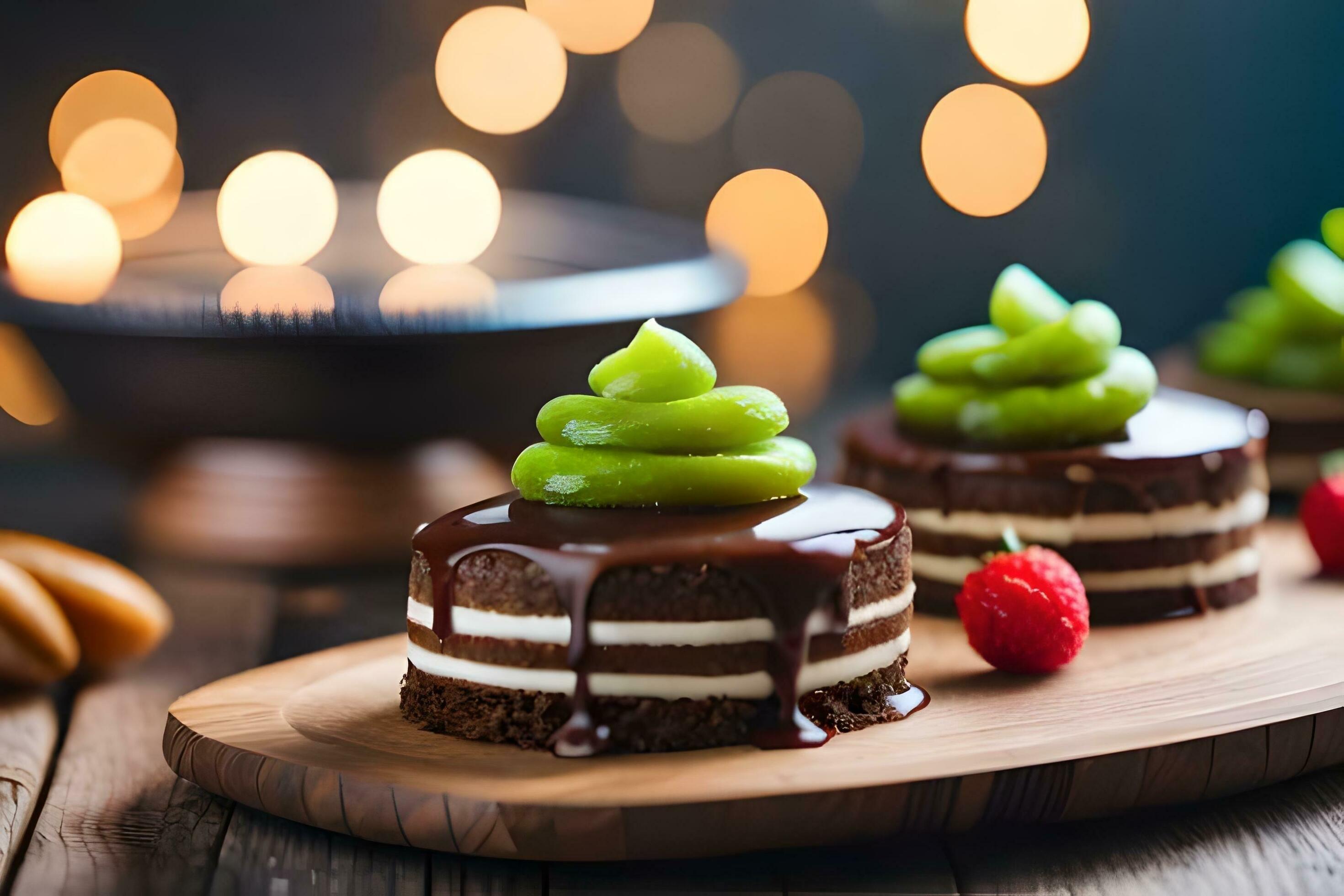 three chocolate cakes with green frosting on a wooden board. AI ...