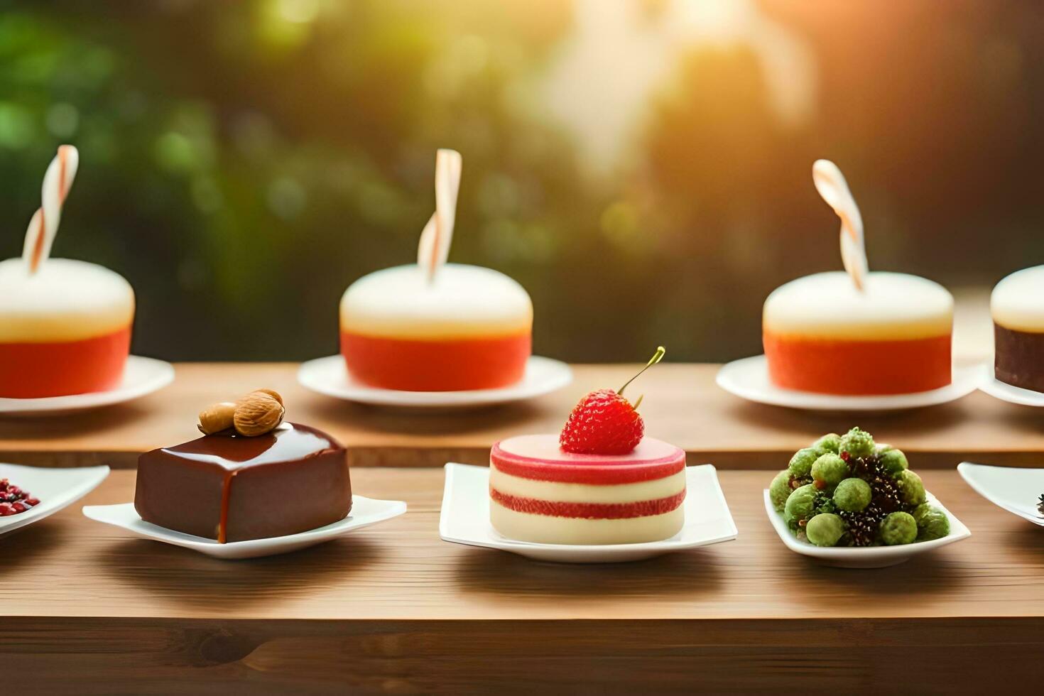 various desserts on white plates on wooden table. AI-Generated photo