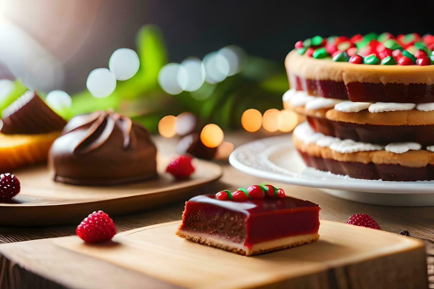 a cake with chocolate and raspberries on a wooden table. AI-Generated photo