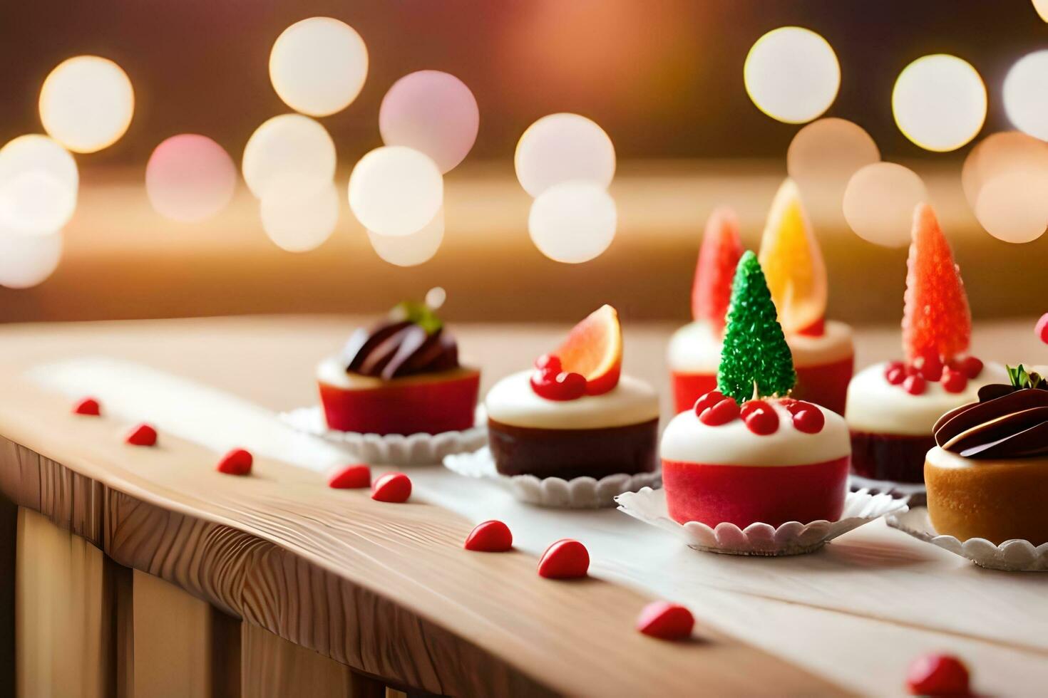 christmas cakes on a wooden table with lights. AI-Generated photo