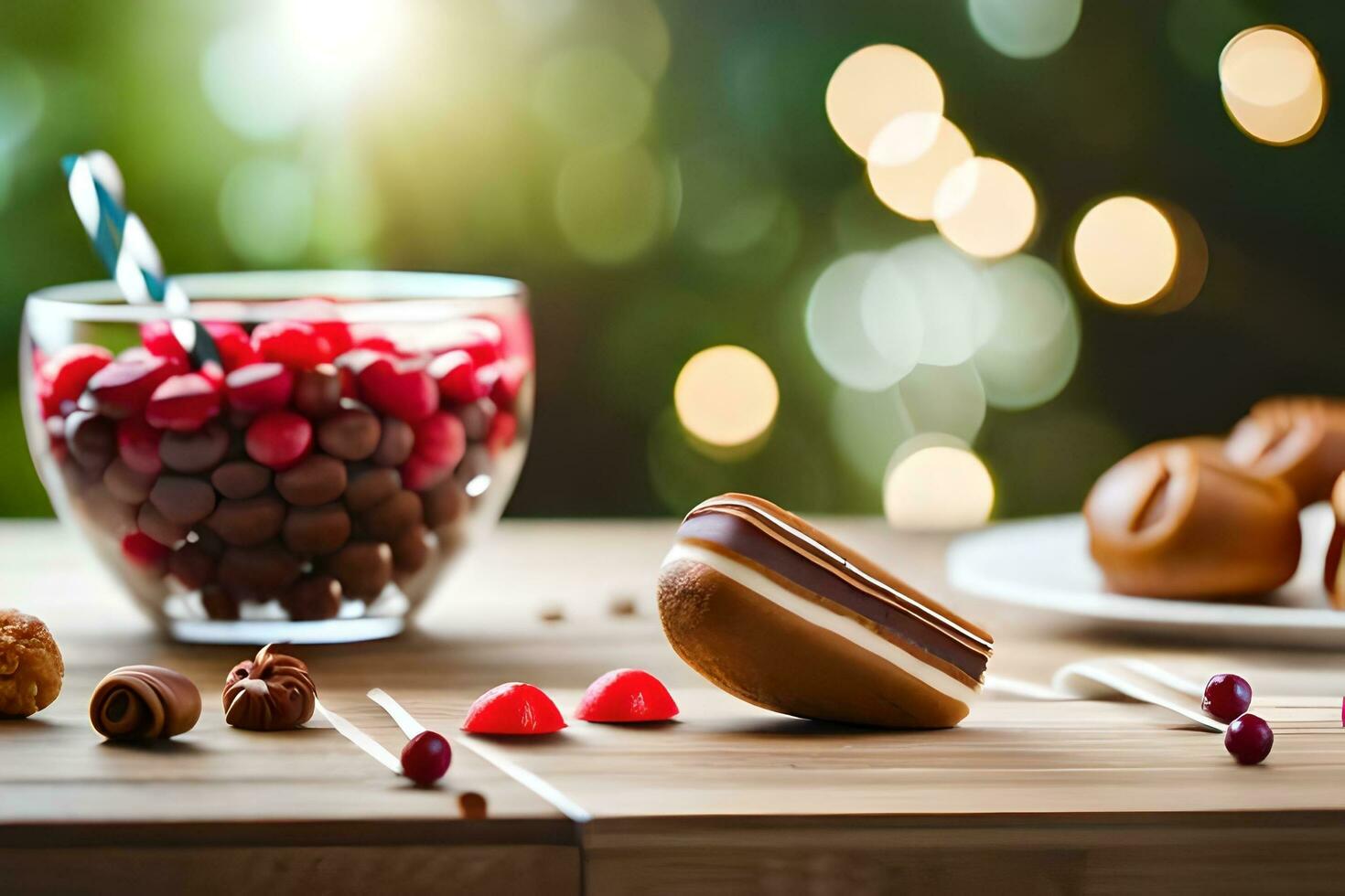 chocolate and candies on a table with a blurry background. AI-Generated photo