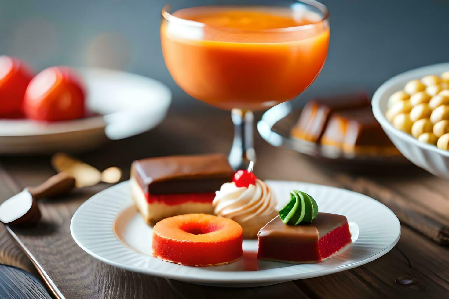 a plate with various desserts and drinks on a table. AI-Generated photo