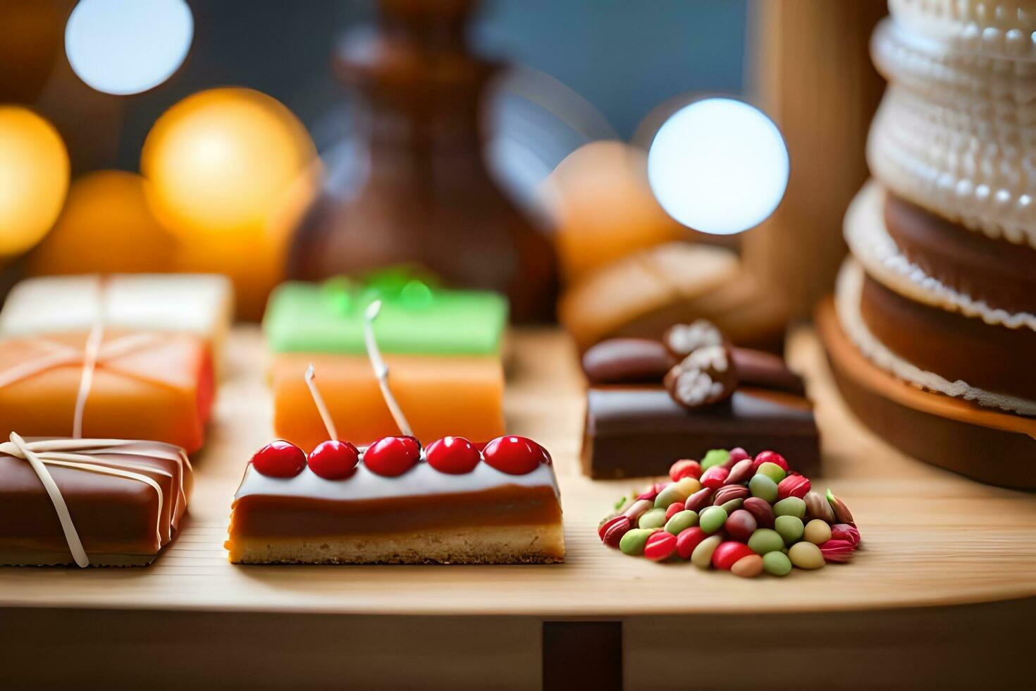 a wooden tray with various types of desserts. AI-Generated photo