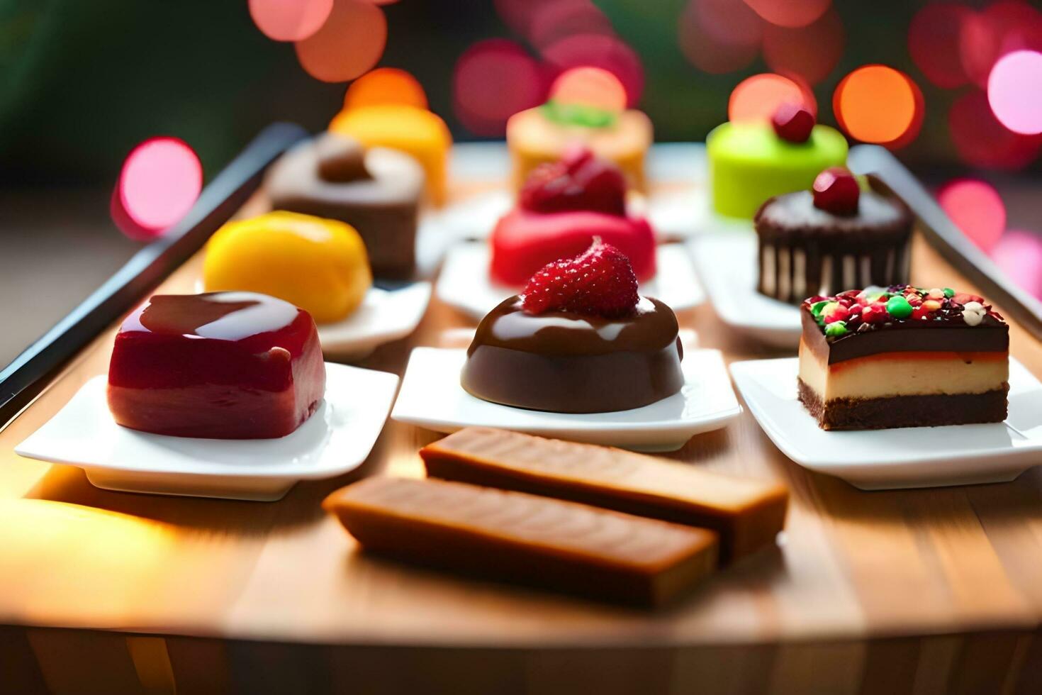 a tray of desserts on a wooden table. AI-Generated photo