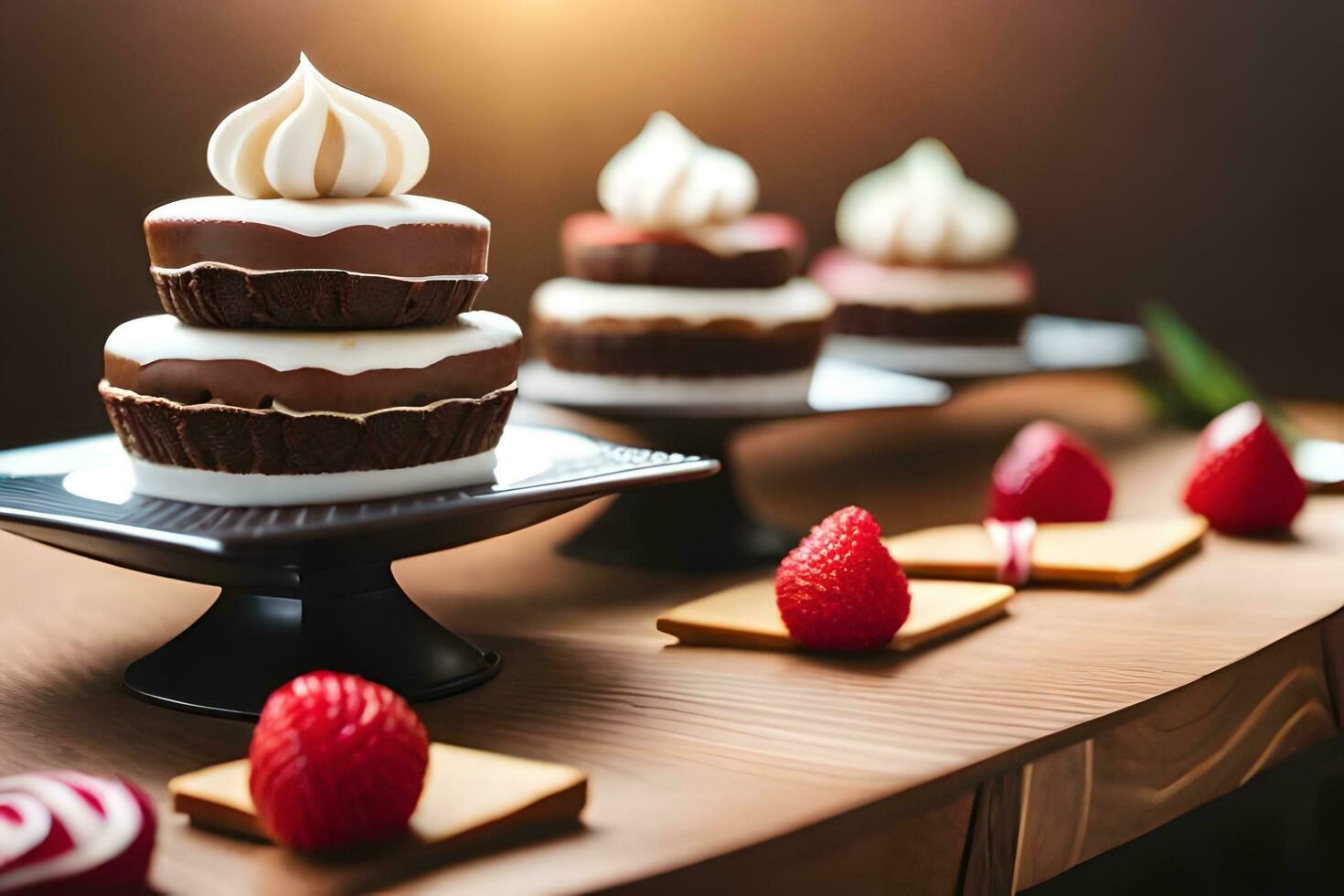 three chocolate cupcakes on a wooden table. AI-Generated photo