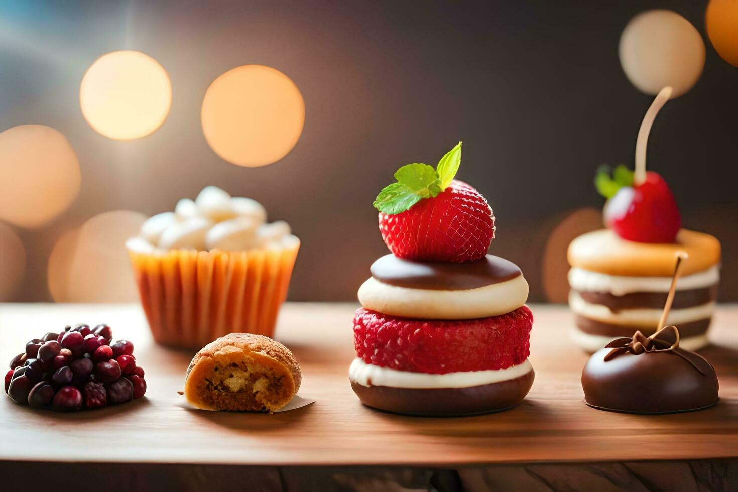 various desserts on a wooden table with blurred background. AI-Generated photo