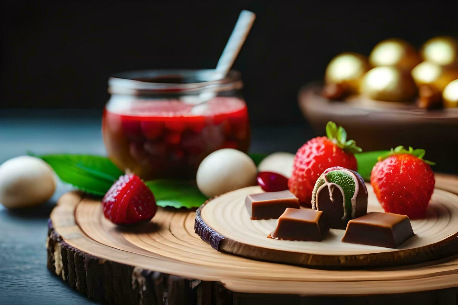 a wooden plate with strawberries, chocolate and a jar of jam. AI-Generated photo