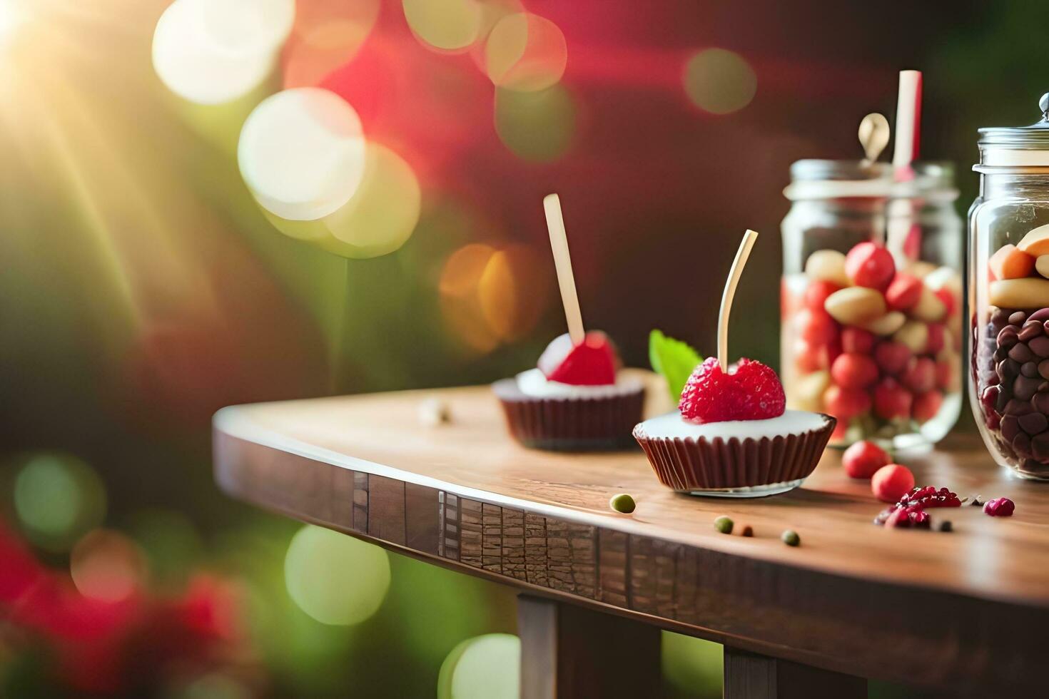 a table with a jar of fruit and a cup of coffee. AI-Generated photo