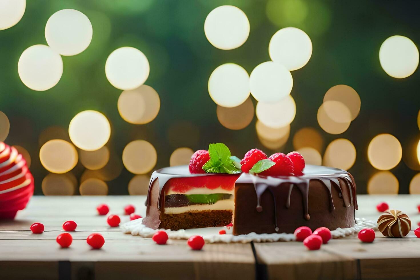 a chocolate cake with raspberries and a red ball. AI-Generated photo