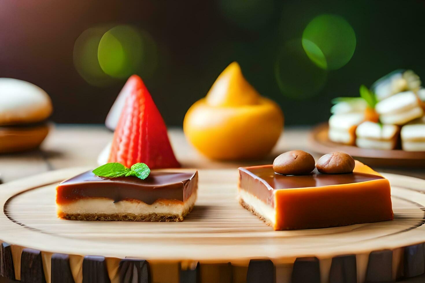various desserts on a wooden table. AI-Generated photo