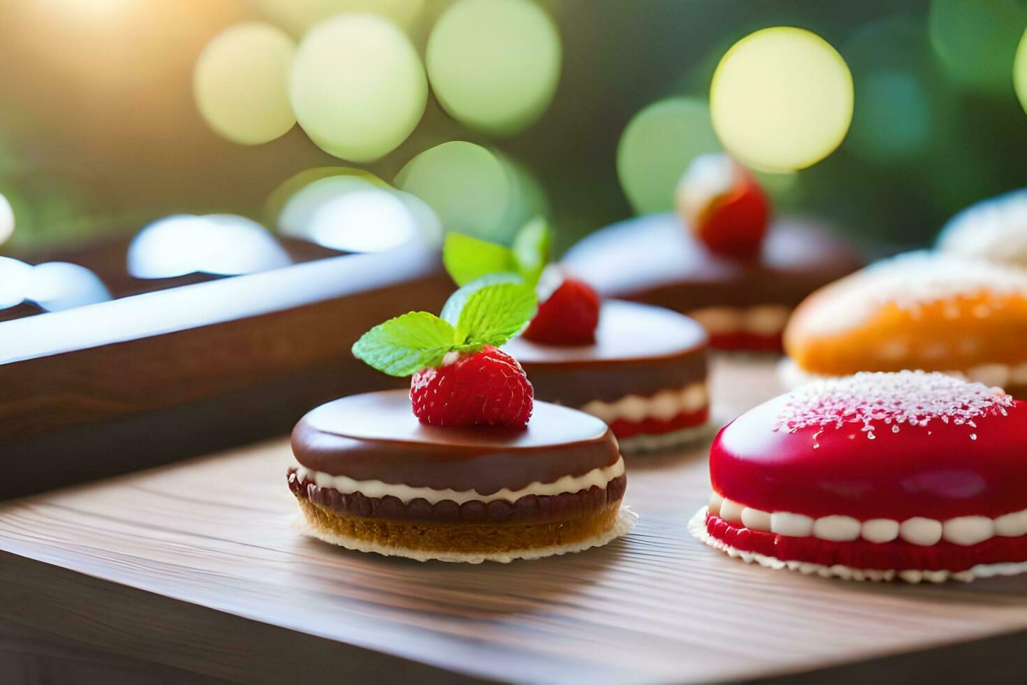 macarons on a wooden tray with berries. AI-Generated photo