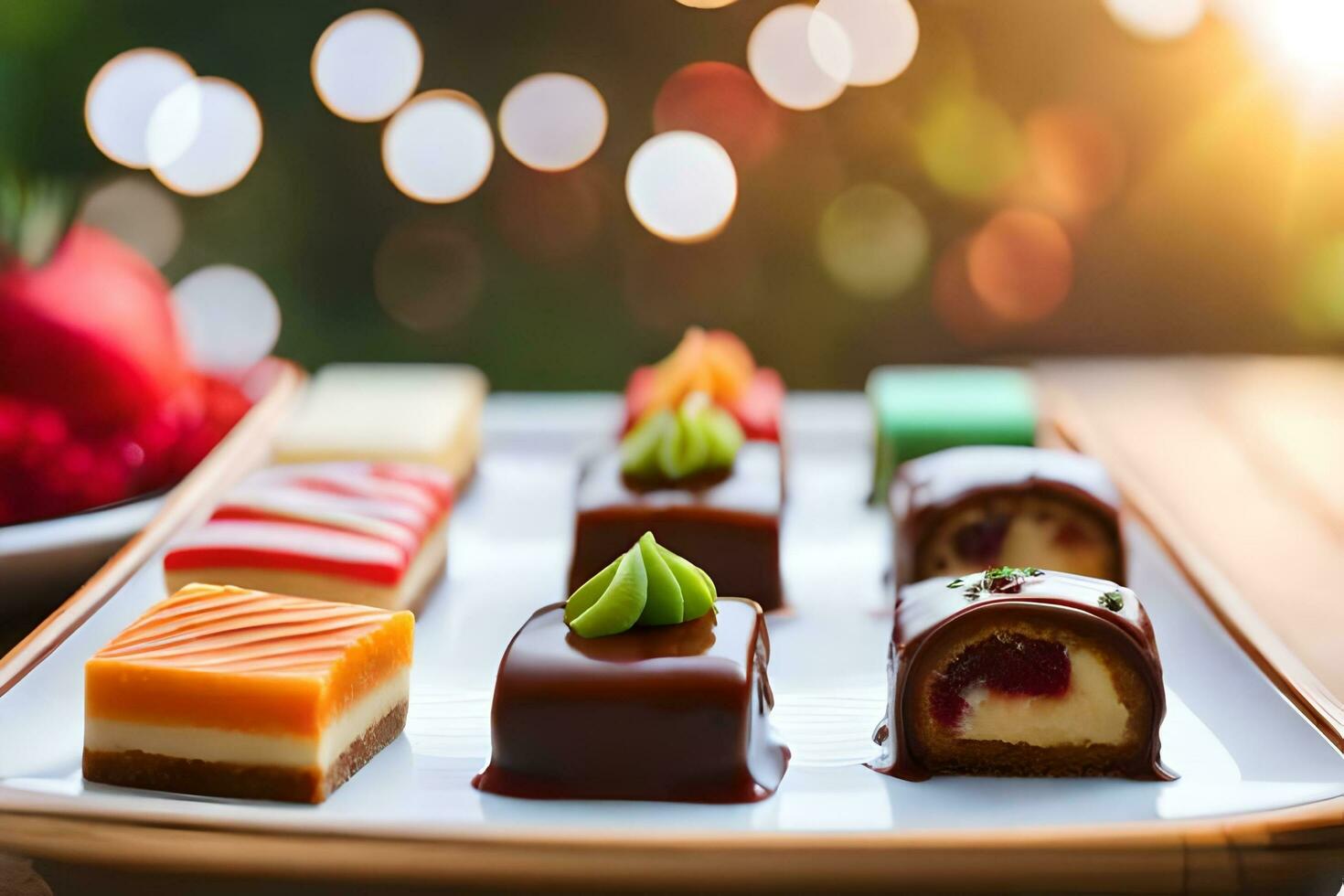 a plate with various chocolates and other desserts. AI-Generated photo