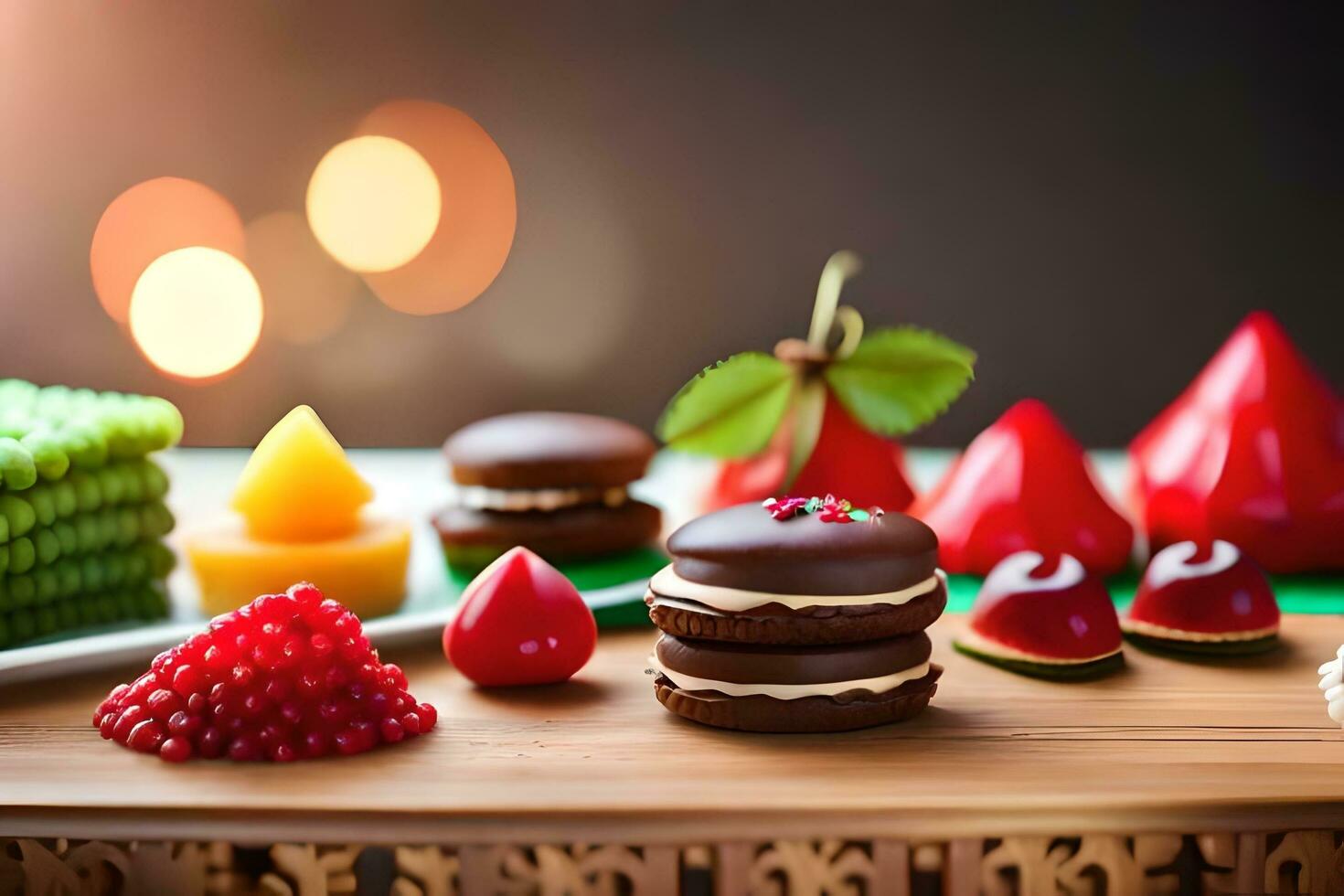 various chocolate and fruit desserts on a wooden table. AI-Generated photo