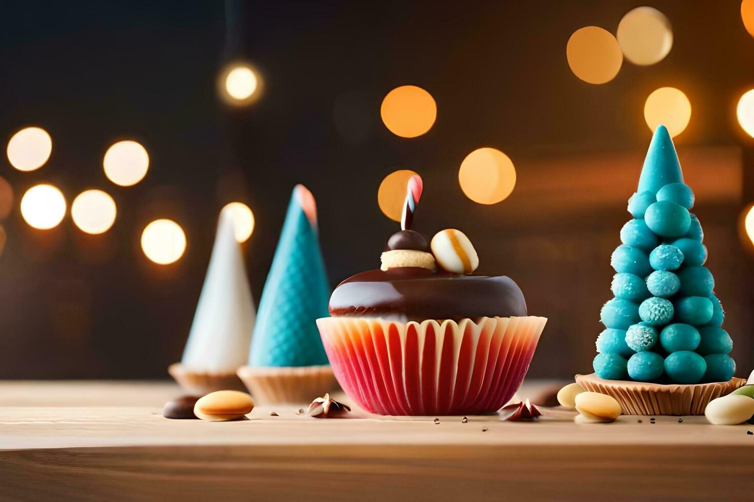 christmas tree decoration with cupcake on wooden table. AI-Generated photo