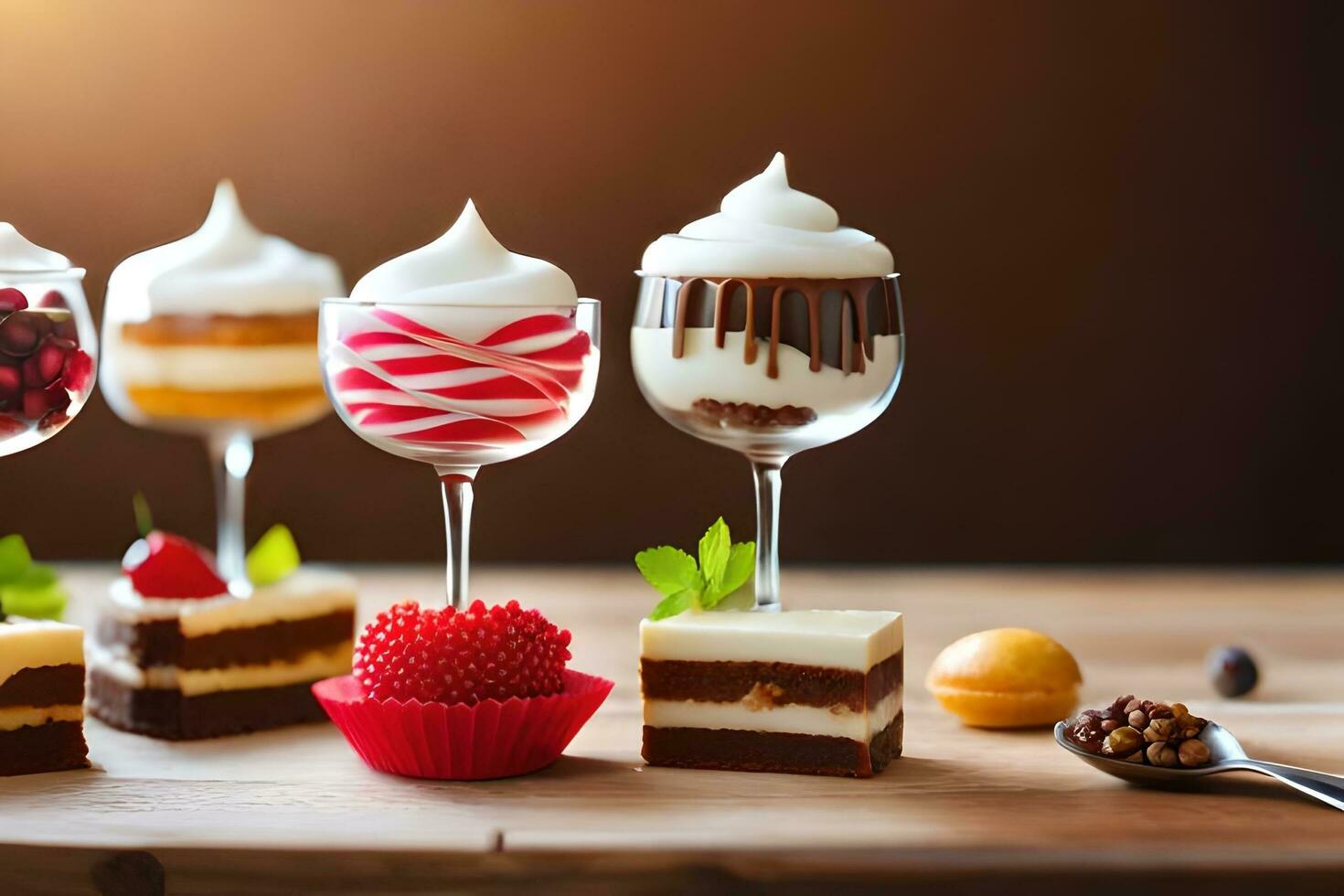 various desserts in wine glasses on a table. AI-Generated photo