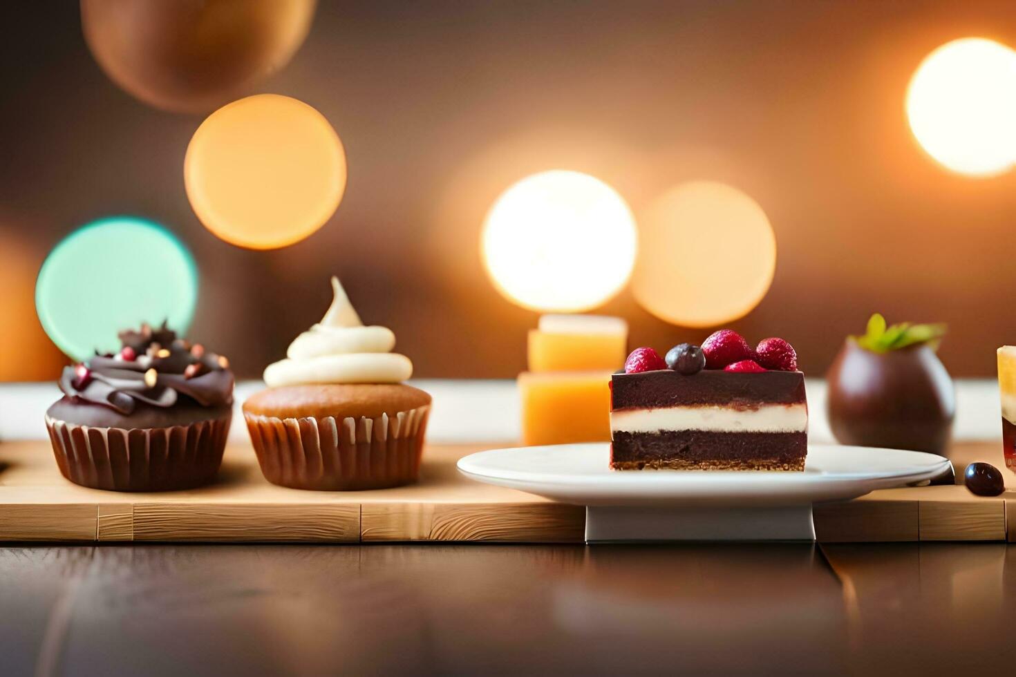 a table with several different types of desserts. AI-Generated photo