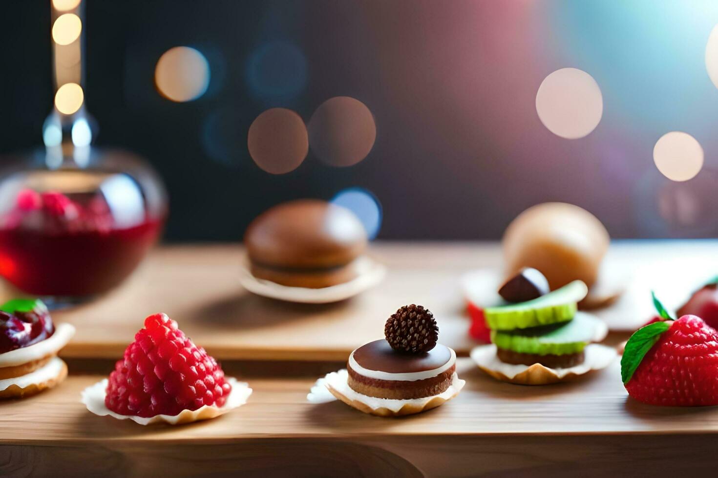 various desserts on a wooden table with a glass of wine. AI-Generated photo