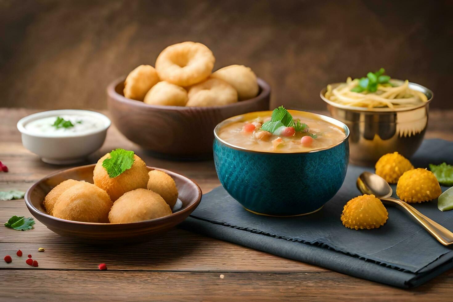 indian food with different dishes on a wooden table. AI-Generated photo