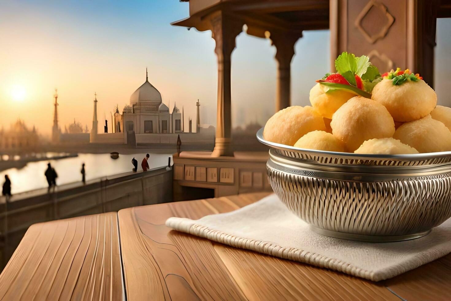 indian food in a silver bowl on a wooden table with a view of the taj mah. AI-Generated photo